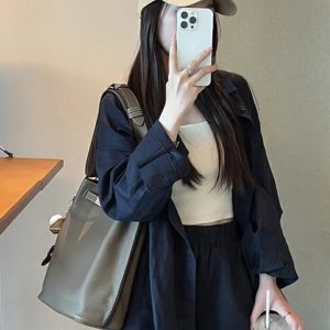 MBH Top Grain Leather Kelly Bucket Bag Large Capacity Shoulder Bag