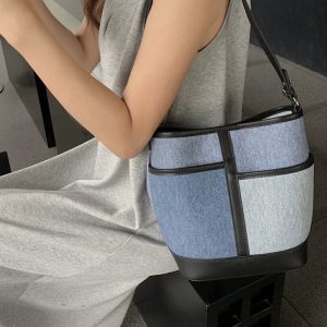 MBH Color Block Casual Large Capacity Bucket Bag with Shoulder Strap and Storage Pouch