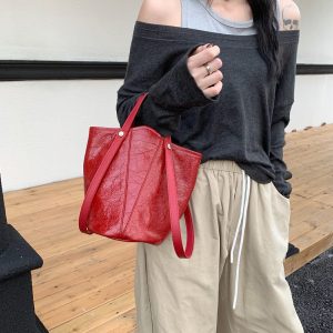 MBH Waxy Leather Bucket Shoulder Bag Large Capacity Vintage Design with Storage Pouch