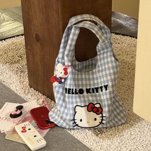 Kitty Plaid Canvas Tote Bag Large Capacity for Students and Commuters
