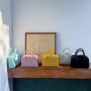 MBH Imported Top Grain Leather Bowling Bag Niche Korean Style Crossbody Handbag with Shoulder Strap