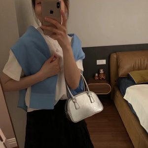 MBH Korean-Style Premium Oil Wax Leather Crackle Bowling Crossbody Handbag Without Shoulder Strap