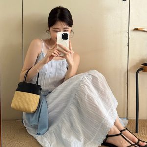 MBH Raffia and Leather Color Block Crossbody Handbag