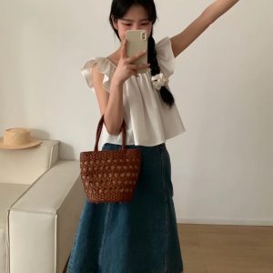 MBH Handmade Cowhide Woven Mini Basket Bag with Shoulder Strap