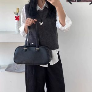 Korean Brown Premium Boston Bag for Women Niche Bowling Bag Shoulder Handbag Tote Ins